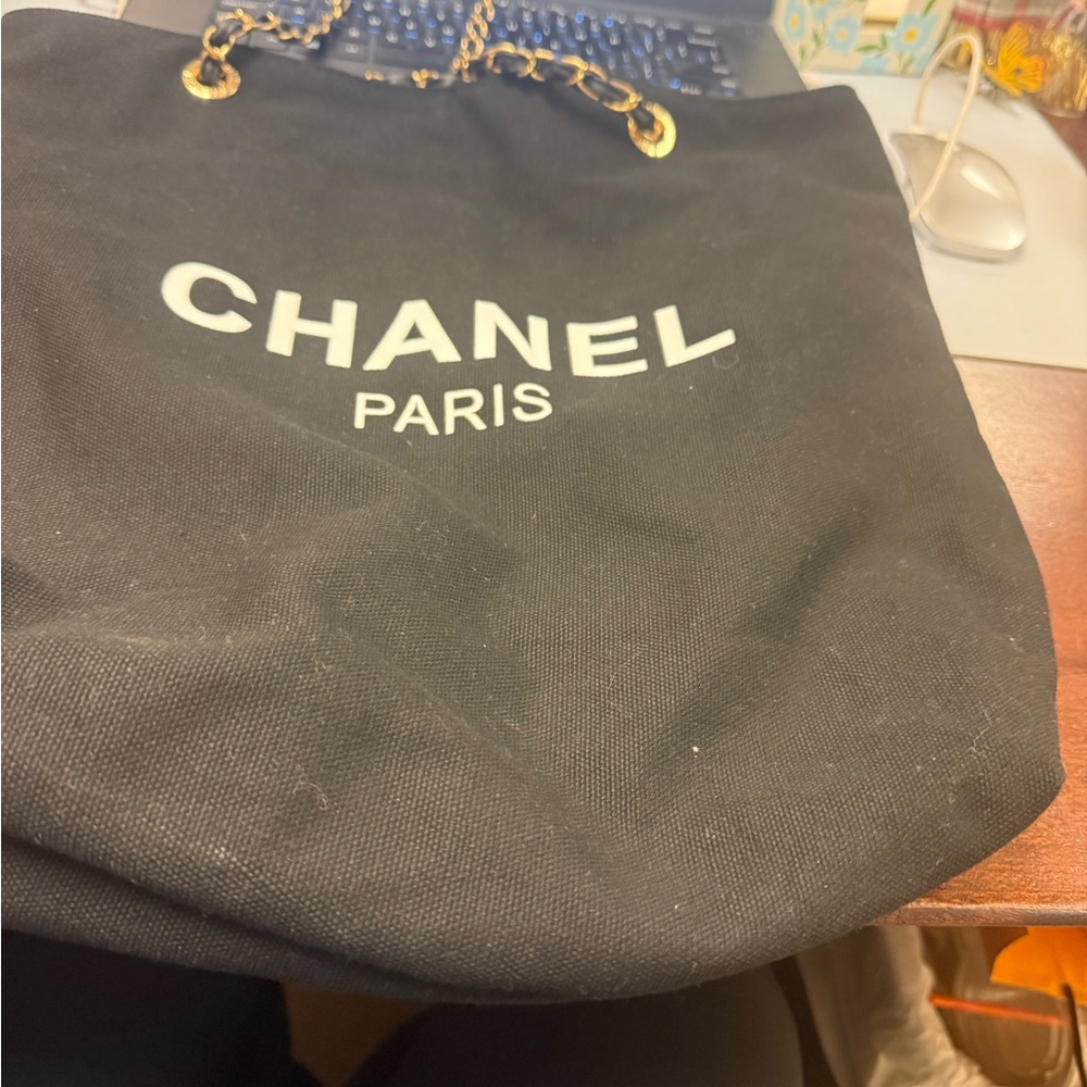 CHANEL Black Canvas Tote with Gold Chain Handles